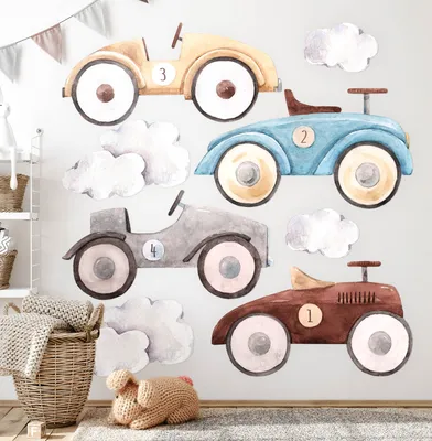 Produktbild von Pastellautos – Wandgestaltung – Wandbilder Kinder – Motivtapeten Set – Wanddekor Kinderzimmer – Selbstklebende Wandsticker – 80x126 cm