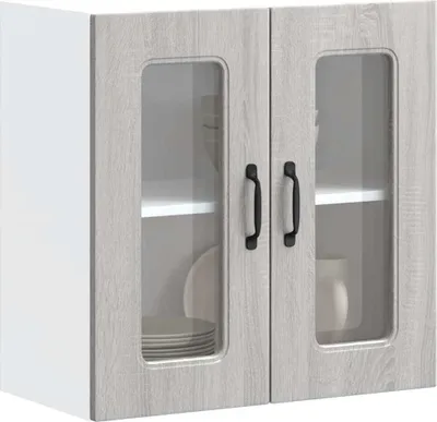 A studio shot of a gray wooden kitchen cabinet with glass doors.