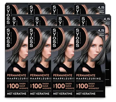 Imagen del producto de 12 unidades de tinte permanente SYOSS 4-15 Dusty Chrome con queratina – Paquete económico