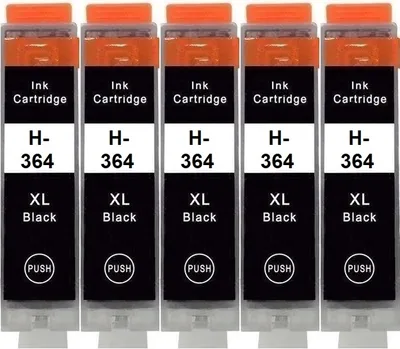 Five black ink cartridges with orange tops are lined up against a white background.