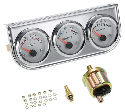 Image de Kit de jauges 3 en 1 chromé (52 mm) : jauge de pression d'huile, jauge de température d'eau (en °F) et voltmètre – pour voiture et moto