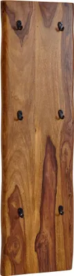Wandgarderobe Sheesham Massivholz Metall 40x140cm mit sechs schwarzen Metalkhaken und Baumkante, Gesamtansicht.