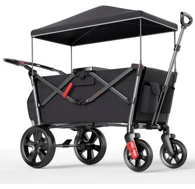 Produktbild von Bollerwagen für 2 Kinder faltbar mit Dach, 2x 5-Punkt-Sicherheitsgurt, Wickelrucksack, Fußbremse, Schwarz