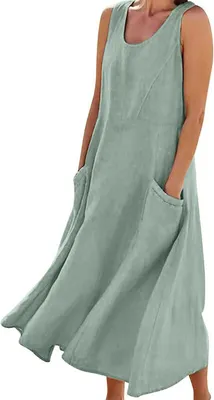 Image de ASKSA Femme Eté Coton Robe de débardeur Unicolore A-Line Robe de plage Robe d'été décontractée avec poches, Vert, 3XL