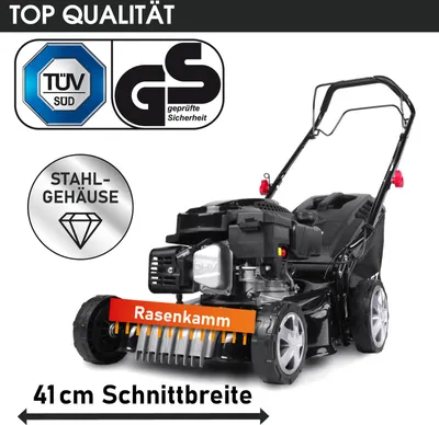 A black gasoline lawnmower is shown from a slightly elevated front-side angle against a white background. Several certifications and feature callouts are visible.