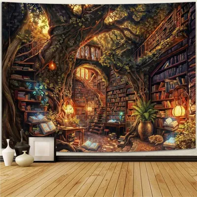 Produktbild von Wandteppich mit Waldbibliothek - Magischer Baum Wanddekoration, 150 x 200 cm für Klassenzimmer und Wohnzimmer