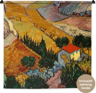 Produktbild von MuchoWow® Wandteppich Wandbehang Landschaft mit einem Haus und einem Ackerbauern - Vincent van Gogh 90x90 cm Tapisserie Dekoration Wandtuch - Wandaufhänger