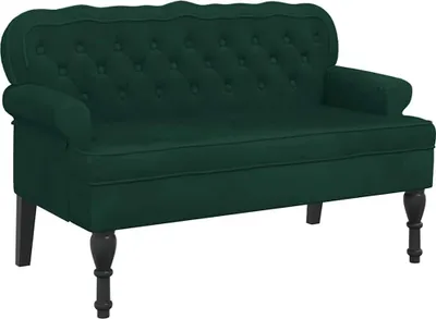 A dark green velvet bench with tufted backrest and rolled arms, shown from a front-side angle against a white background.