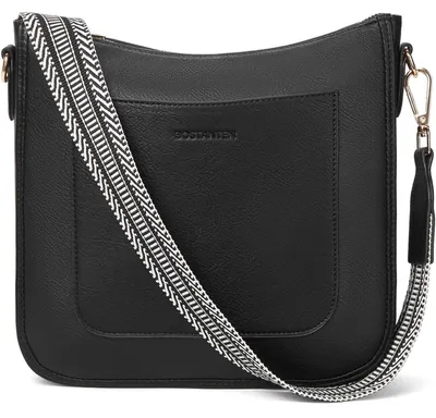 Produktbild von Umhängetasche Damen Mittelgroß Leder Crossbody Schultertasche mit Verstellbarem Riemen Schwarz 26x8x24cm