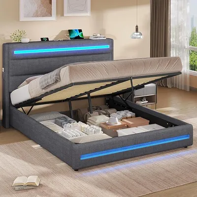 Imagen del producto de Cama de 140x200 con iluminación LED, cama hidráulica de 140x200 cm, cama tapizada de matrimonio, estructura de cama con espacio de almacenamiento y somier, dormitorio, tela de lino, color gris