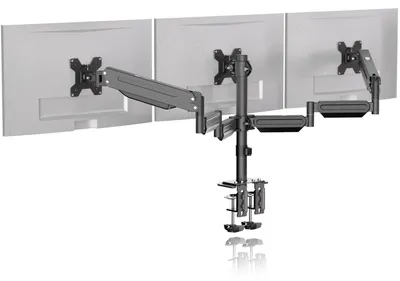 Image de Support mural pour 3 moniteurs, de 17 à 27 pouces, avec système de réglage en hauteur et bras à ressort à gaz, supportant jusqu'à 6 kg par bras