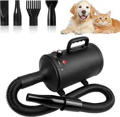 Imagen del producto de Secador para perros de 3200W, muy silencioso. Secador para perros con función de soplador, con velocidad y temperatura del aire ajustables, 4 boquillas diferentes, manguera flexible y cepillo de peluquería