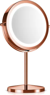 Produktbild von Navaris Kosmetikspiegel mit LED Beleuchtung - Spiegel mit 5fach Vergrößerung Make Up Standspiegel - Schminkspiegel beleuchtet 360° drehbar in Kupfer