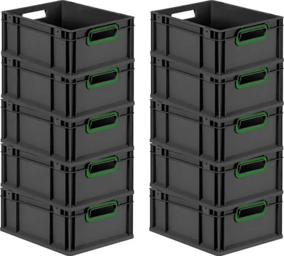 Produktbild von SuperSparSet 10x Eurobox NextGen Color | HxBxT 17x30x40cm | 16 Liter | Griffe grün offen | Schwarz | Eurobehälter, Transportbox, Transportbehälter, Stapelbehälter