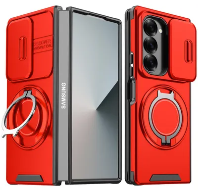Produktbild von Handyhülle für Samsung Galaxy Z Fold6 Dual-Layer Stoßfest Militär Hülle mit Dia Kameraschutz, Magnetisch Ring Ständer Rot