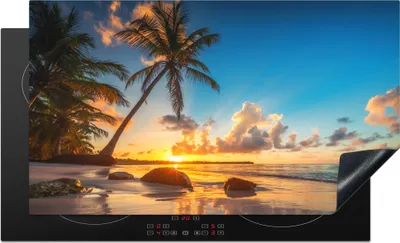 Produktbild von KitchenYeah© Herdabdeckplatte Strand - Meer - Palme - Sonnenuntergang , 91x52cm, Küche Deko, Glaskeramikkochfeld Herdabdeckung, Abdeckplatte fùr Kochfeld