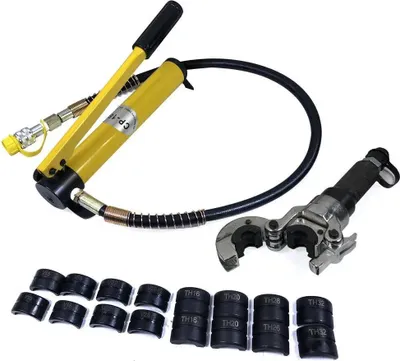 Obrázek produktu pro Hydraulické lisovací kleště – nástroj pro lisování trubek – 6 t – V12–28 mm a TH16–32 mm – 9 lisovacích čelistí – pro měděné/nerezové trubky – 700 kg/cm² – žluté
