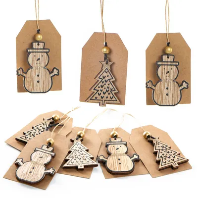 Produktbild von 8 Weihnachtsgeschenkanhänger aus Papier mit Holzdeko natur schwarz
