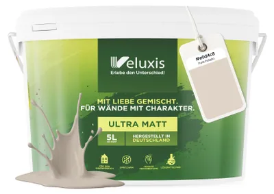 Produktbild von Wandfarbe Beige Grau Hellgrau Matt Innenfarbe – Deckkraft Klasse 1, VOC-frei, Ohne Grundierung, Tropfarm – Wohnzimmer & Schlafzimmer – 2,5L – Veluxis (Pure Potato)