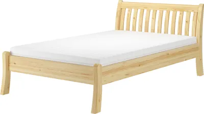 A single wooden bed with a white mattress on a white background.