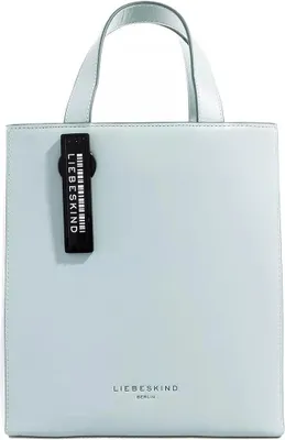 A light blue handbag with a black tag attached to the handle.