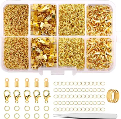 Immagine prodotto di Set di chiusura per catena con 300 pezzi: Chiusura a moschettone, anelli di piegatura, terminali a crimpare, catena di estensione - color oro