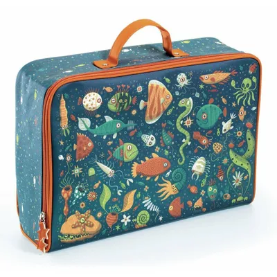 A children's fabric suitcase with an underwater theme, featuring various sea creatures and plants.