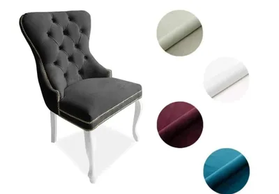 Zdjęcie produktu dla Krzesło Chesterfield Madame 2 - eleganckie krzesło tapicerowane w stylu glamour, ciemnoszary welur, białe drewniane nogi, wygodne siedzisko