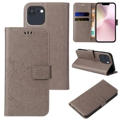 Produktbild von Handyhülle für Apple iPhone 17e Floral Blumen Schmetterling Flip Cover Hülle Case Klapphülle Handytasche Farbe: Grau