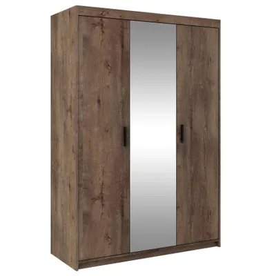 Produktbild von Drehtürenschrank ELENA 3D Eiche Lefkas mit schwarze Griffe - Kleiderschrank 130 cm mit Spiegel und glatten 3 Türen