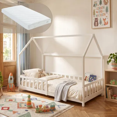 Imagen del producto de Cama infantil "Hesel" con colchón y barandillas de protección, dimensiones 90 x 200 cm, madera de pino, color blanco