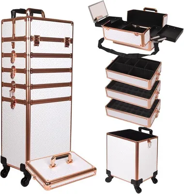 Produktbild von Kosmetikkoffer Trolley, 6-in-1 Schminkkoffer mit Spiegel & Schloss, Großer Kosmetik Reisekoffer Make-up Organizer, 4 Ersatzrollen als Geschenk (Weiß)