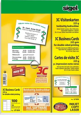 Produktbild von Visitenkarten Inkjet/Laser/Kopier 3C 225g/qm beidseitig VE=10x100 Stück