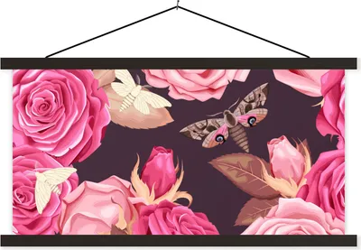 Produktbild von MuchoWow® Textilposter Rosen - Schmetterlinge - Rosa 60x30 cm mit schwarzem Rahmen - Textilien
