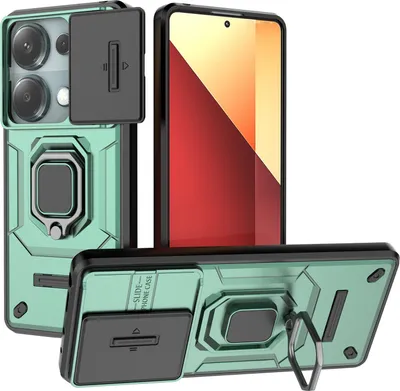 A product shot of a phone case with a sliding camera cover and ring holder, shown from multiple angles.