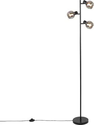 Produktbild von Qazqa Art Deco Stehleuchte, Stehlampe - Vidro - Schwarz mit Rauchglas, max. 25W, Geeignet für LED, 3-flammig, 150cm, Ideal als Wohnzimmerlampe