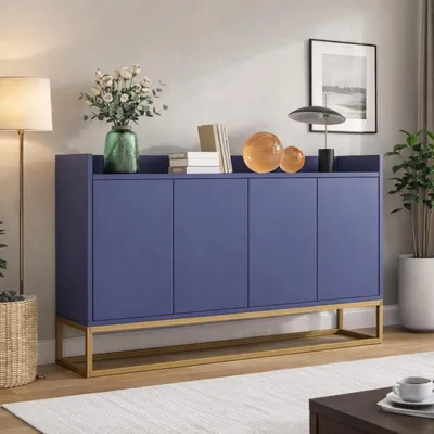 Image de Buffet bas Schmal, bleu, 120x30x80 cm, sans poignées, étagères réglables, meuble de rangement avec portes