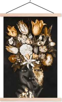 Produktbild von MuchoWow® Textilposter Frau - Blumen - Gold 40x60 cm mit holzfarbenen Rahmen - Poster