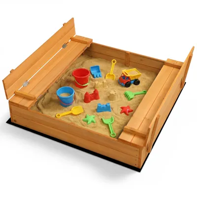 Image de Bac à sable FCH avec bancs intégrés et couvercle, dimensions 110x110x21 cm. Jouet de jardin pour enfants, bac à sable de jardin