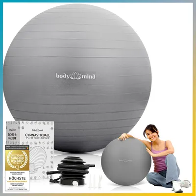 Produktbild von Body & Mind Anti-Burst Gymnastikball Grau 65cm - Premium Fitnessball für Yoga, Pilates, Rückenübungen & als ergonomischer Sitzball im Büro