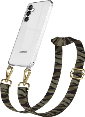 Produktbild von EAZY CASE Handykette - Verstellbarer Trageriemen kompatibel mit Samsung Galaxy A16, Handykordel mit transparenter Silikon-Hülle, Karabiner Gold, Camouflage Style, Band in Grün