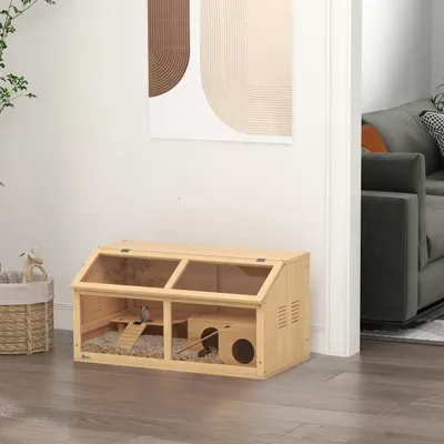 Produktbild von Hamsterkäfig für syrische Hamster und Zwerghamster, mit Plattform, Hängebrücke, Hütte, 85x45x44 cm, Naturholz, mit Deckel