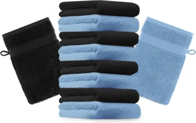 Produktbild von Betz 10 Stück Waschhandschuhe 16x21 cm PREMIUM 100% Baumwolle  Farbe: schwarz und hellblau