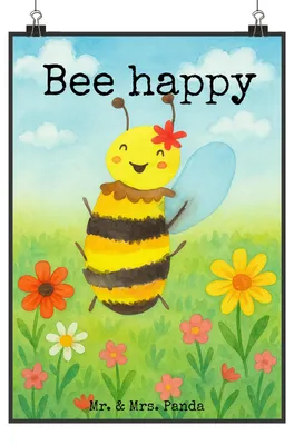 Produktbild von Mr. & Mrs. Panda Bild Biene Happy Design DIN A3 - Weiß - Geschenk, Kunstdruck, Posterdruck, wanddeko, Plakat, Wandbild
