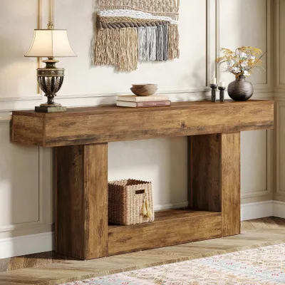 Image de Table d'appoint 160 cm - Petite table d'entrée et de salon en bois - 2 niveaux - Rectangulaire - Piètement en U - Marron rustique