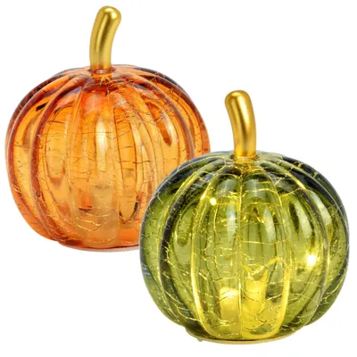 Produktbild von LED Kürbis Set aus Glas Orange, Herbstdeko in Ø 7 x 9 cm