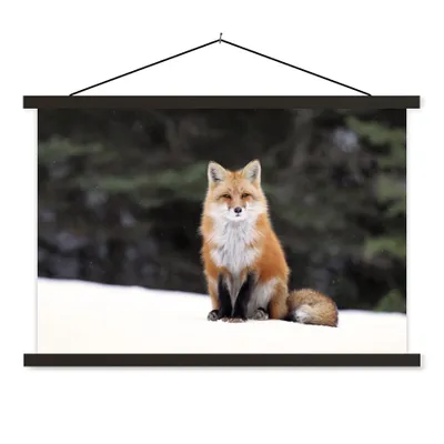 Produktbild von MuchoWow® Textilposter Fuchs - Schnee - Rot 90x60 cm mit schwarzem Rahmen - Aufhängungssatz