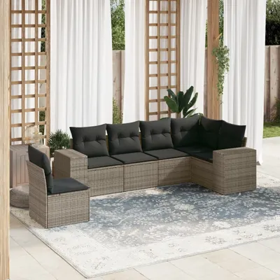 Produktbild von Design 6-tlg. Garten-Sofagarnitur mit Kissen Grau Poly Rattan, Gartenmöbel-Sets 2024 Neu