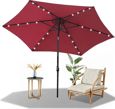 Produktbild von Faziango 2.7m Sonnenschirm UV50+ Neigbar Sonnenschutz Gartenschirm Strandschirm LED Solar, knickbar, Schirmtuch mit PA-Beschichtung, Rot