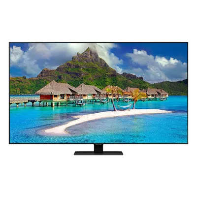 A television displaying a tropical landscape with overwater bungalows.